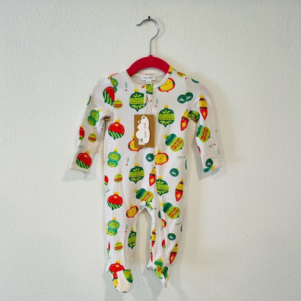 Angel Dear White Footed Pajama Set with Green and Red Ornament Print